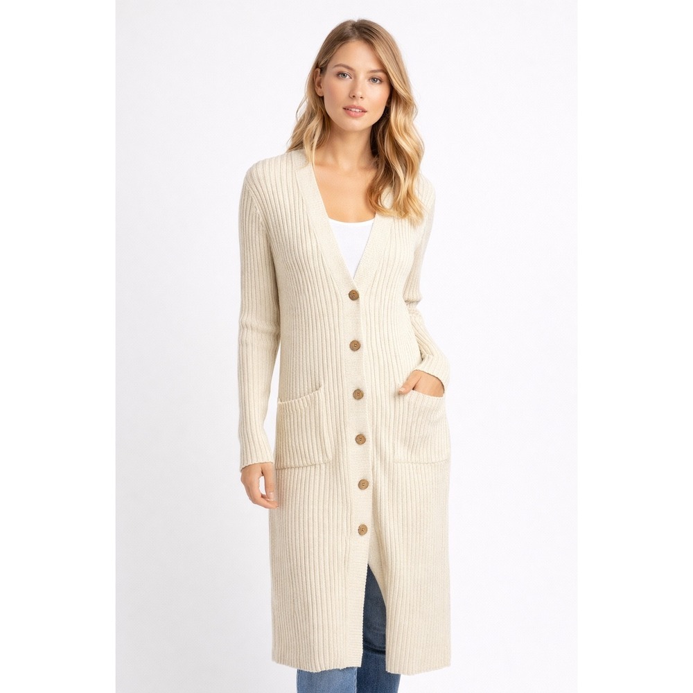 Miou Muse Ribbed Long Cardigan Sweater Cream Button Front Duster Pockets Size S